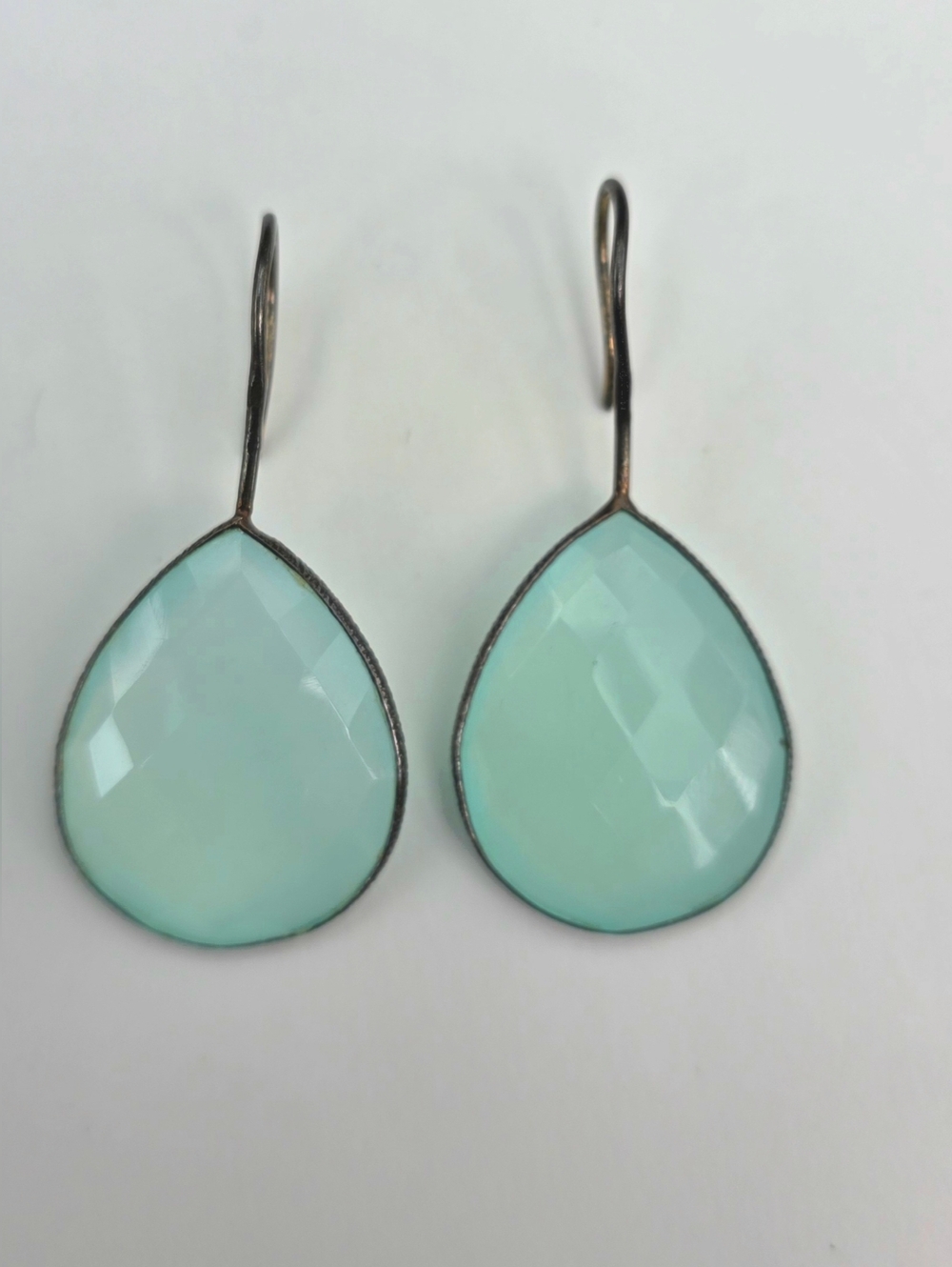 Sterling Silver 925 Oxidized Bezel-Set Aqua Chalcedony Teardrop Drop Earrings 9g